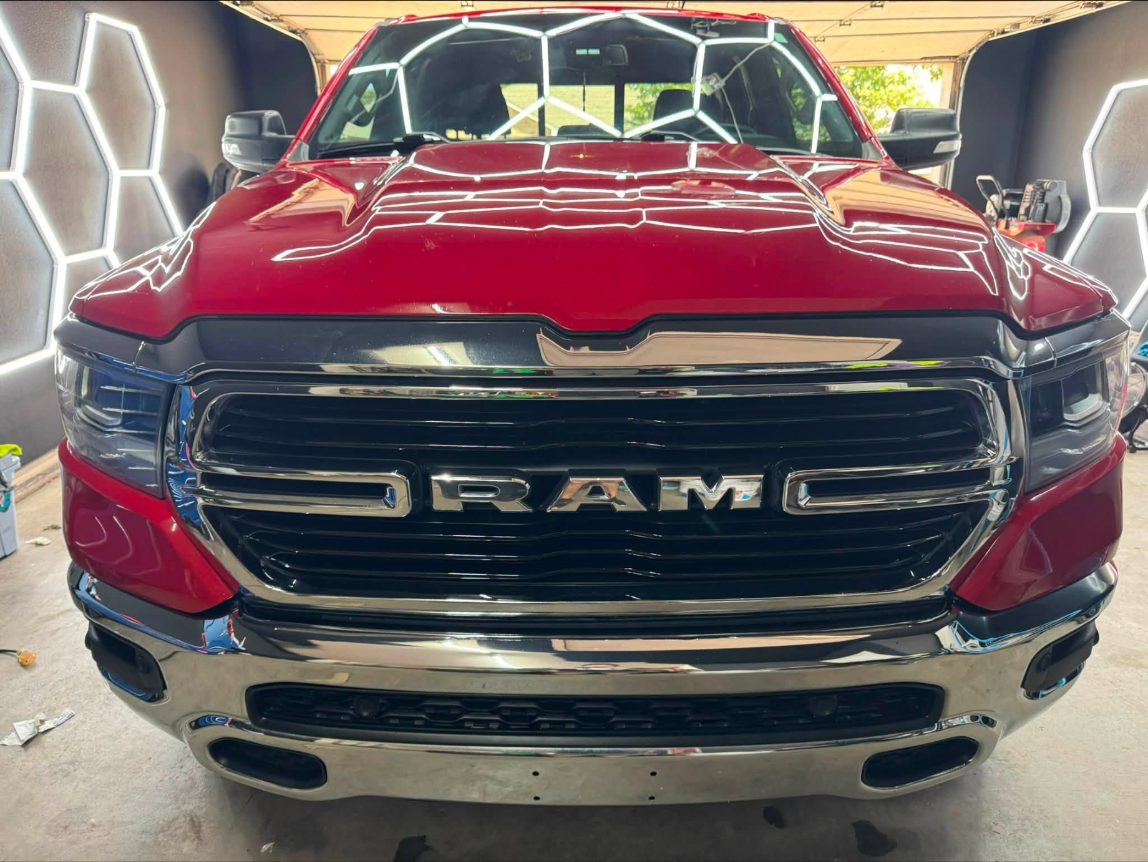 Red Ram 1500 in the A17 Details shop under hexagon LED inspection lighting, freshly polished